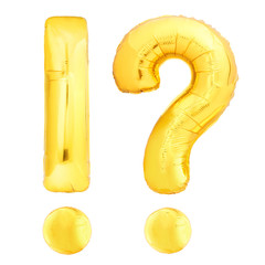 Golden exclamation point with question mark made of inflatable air balloon isolated on white...