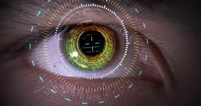 Data Circle Hazel Eye Close Up Science Concept. an extreme detail close-up of a male hazel eyeball looking around as a data circle and information streams
