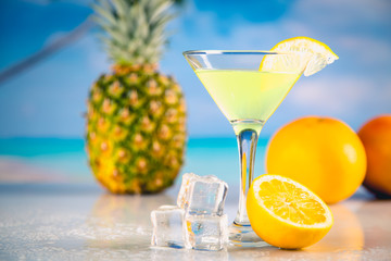 Colorful summer background with drink and palms