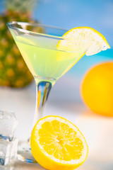 Colorful summer background with drink and palms