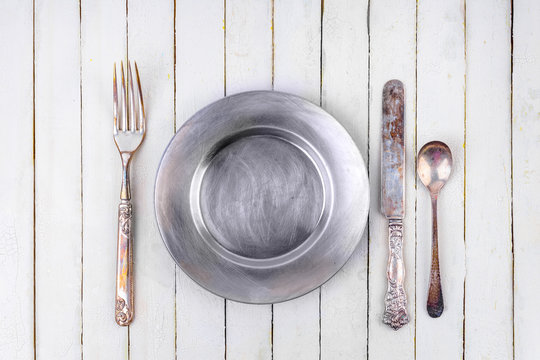 Antique Silver Fork, Knife, Spoon and Plate