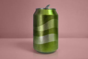 Aluminum Green Soda Can over Pink Background