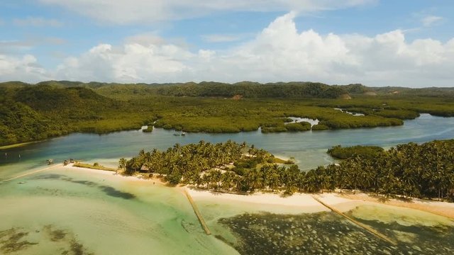 Aerial view of tropical beach on the island Siargao, Philippines. Beautiful tropical island with sand beach, palm trees. Tropical landscape: beach with palm trees. Seascape: Ocean, sky, sea
