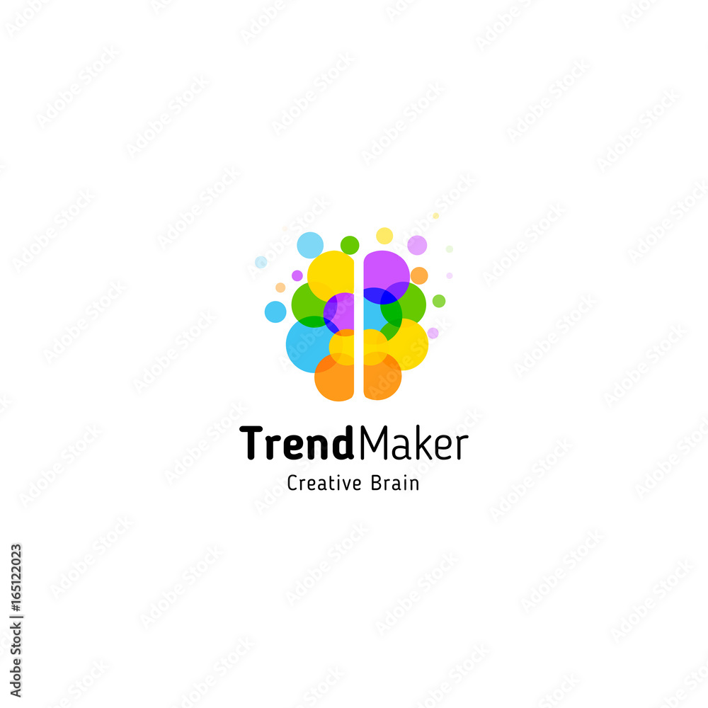 Poster trend maker abstract vector logo. isolated colorful circles bubbles brain shape. genius creative min