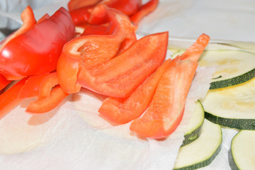 Close up of red peppers cleaned and sliced
