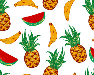 Tropic seamless pattern with pineapple, watermelon, banana. Vector background with fashion patches and stickers in cartoon 80s-90s trendy style. - 165122669