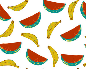 Tropic seamless pattern with watermelon, banana. Vector background with fashion patches and stickers in cartoon 80s-90s trendy style.