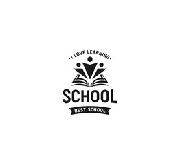 School logo vector. Monochrome vintage style design educational learning sign. Back to school, university, college retro stamp. Black and white education emblem on white background.