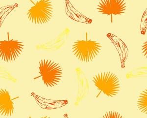 Seamless tropical pattern with exotic leaves and bananas vector background. Perfect for wallpapers, pattern fills, web page backgrounds, surface textures, textile