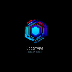 Futuristic reactor abstract colorful vector logo template. Innovative technologies digital design effect logotype on black background