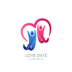 Abstract happy people and heart. Vector logo design template. Man and woman, family or couple illustration. Love and dating concept.