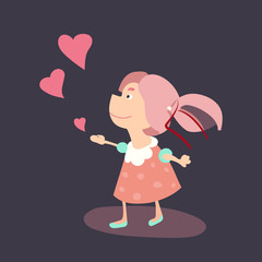 Little cartoon pink-haired girl smiling and sending hearts to the air, isolated vector on dark background