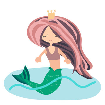 Little Cartoon Mermaid With Long Light Pink Hair, Isolated Vector On White Background