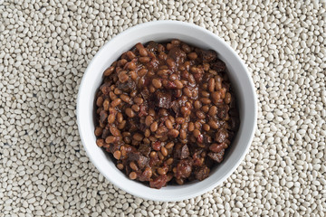 Overhead view of beans and sausage casserole