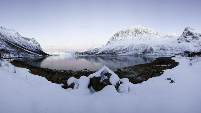 Snowy landscape on Kval��_��__��_��__ya near Tromso, Troms region, Norway, Scandinavia