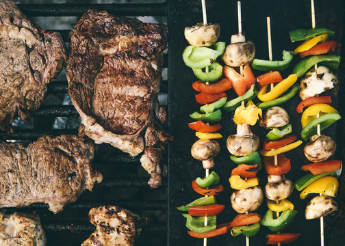 Steak and Vegetables on Grill