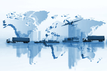 Shipping, delivery car, ship, plane transport on a background map of the world.  Delivery Global...