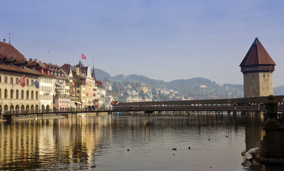 View of Chapel Bridge and lake, Lucerne Switzerland