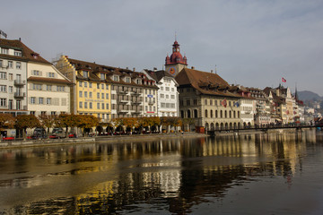 View of the Lucerne city from cruise on the lake Lucerne Switzerland