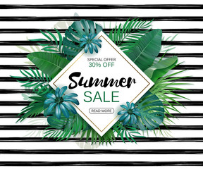 Summer sale Concept. Summer background with tropical flowers. Template Vector.