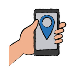 hand holding cellphone with pin map app