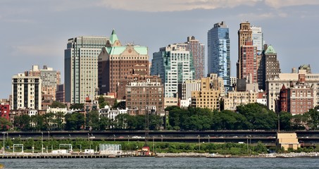 The skyline of Brooklyn Heights from the East River in New York City