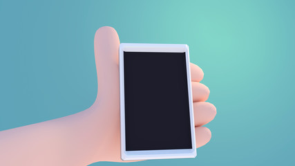 3d rendering picture of cartoon hand holding smart gadget.