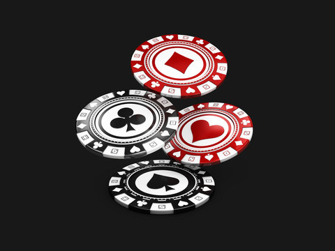 Flying Black and Red Casino Chips. 3d illustration isolated black