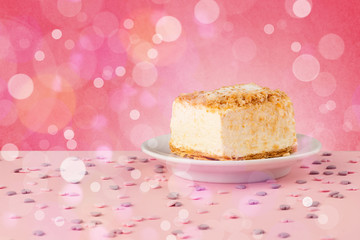 Delicious tasty homemade cakes with bokeh light background