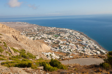 Aerial view town Perissa to Kamari in Santorini Greece