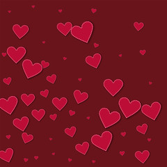 Red stitched paper hearts. Abstract mess on wine red background. Vector illustration.