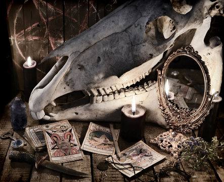 Scary skull with the Tarot cards, magic objects and black candle. Mystic Halloween still life 