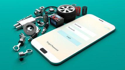 Car parts on a smartphone screen. 3d illustration