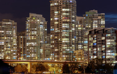High rise apartments at night in Vancouver BC, Canada