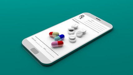 Pills and prescription on a smartphone. 3d illustration - obrazy, fototapety, plakaty