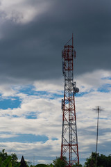 Antenna of cellular and communication system tower with the blue sky and cloud.