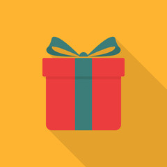 Gift box icon with long shadow on yellow background, flat design style. Vector illustration eps 10.