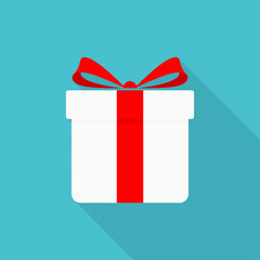 Gift box icon with long shadow on blue background, flat design style. Vector illustration eps 10.