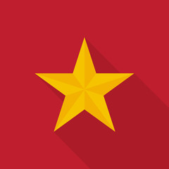 Golden star icon with long shadow on red background, flat design style. Vector illustration eps 10.