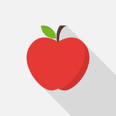Red apple icon with long shadow on gray background, flat design style. Vector illustration eps 10.
