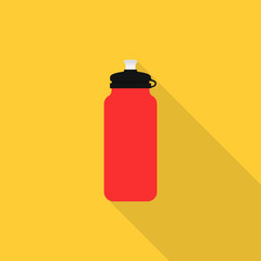 Sport plastic water bottle icon with long shadow on yellow background, flat design style. Vector illustration eps 10.
