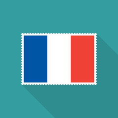 France flag postage stamp with long shadow on blue background, flat design style. Vector illustration eps 10.