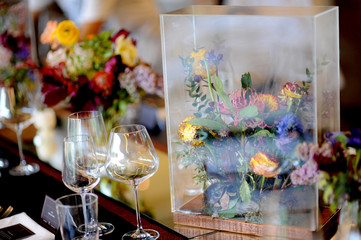 table set with fresh flowers