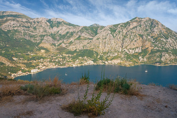 View of Kotor Bay near Risan town from a mountain slope. Montenegro