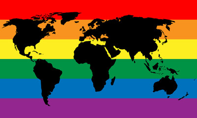 Black world map silhouette on LGBT rainbow pride flag background. Lesbian, gay, bisexual, and transgender stylish design element. Simple flat vector illustration.
