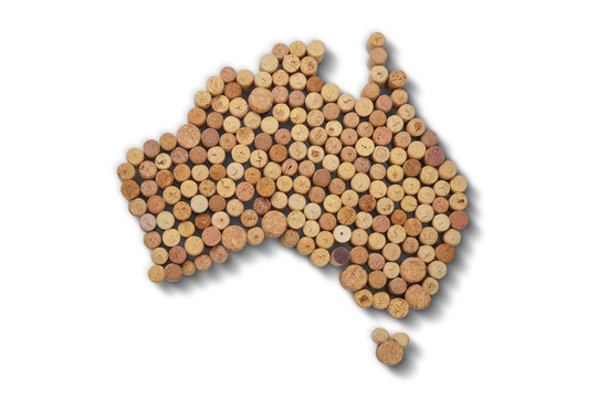 Countries winemakers - maps from wine corks. Map of Australia on white background. Clipping path included.