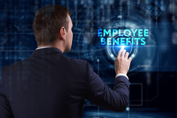 Business, Technology, Internet and network concept. Young businessman working on a virtual screen of the future and sees the inscription: Employee benefits