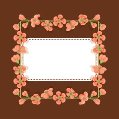 Card with a floral print with place for text. Square frame of quince flowers. Template for greetings or invitations.
