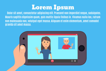 Smartphone in hand. The interface of the video call application. Videochat between father and daughter. Vector illustration in a flat style