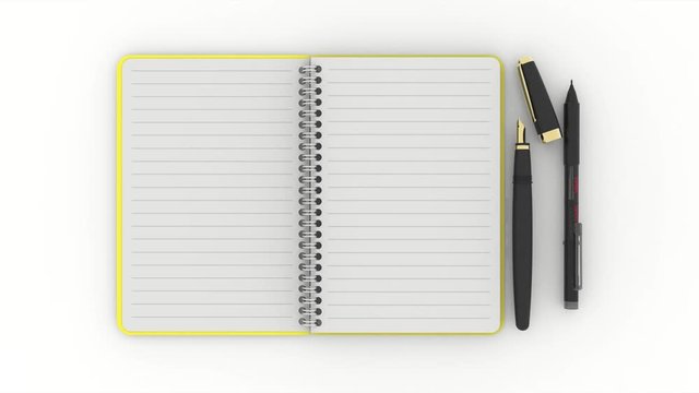 Animazione illustrazione 3D. Blocco note si apre e si chiude. Fogli vuoti con possibilità di inserire testo..